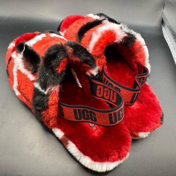 UGG Fluff Yeah Slide Red Tartan Plaid Plush Strap Back Slippers Sandals US 4 - Picture 5 of 11